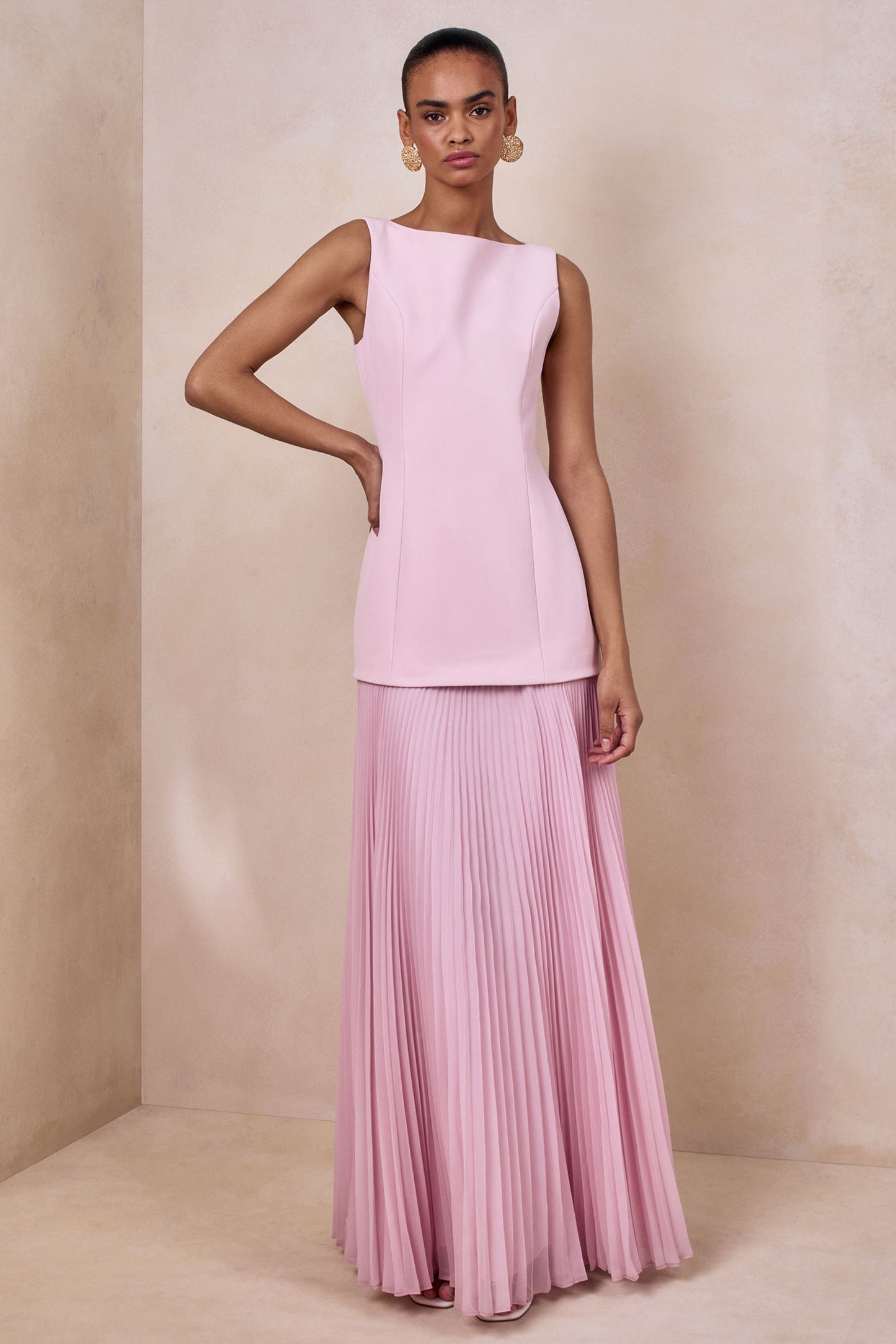 Pleated Crepe Pinafore Maxi Dress - Pink