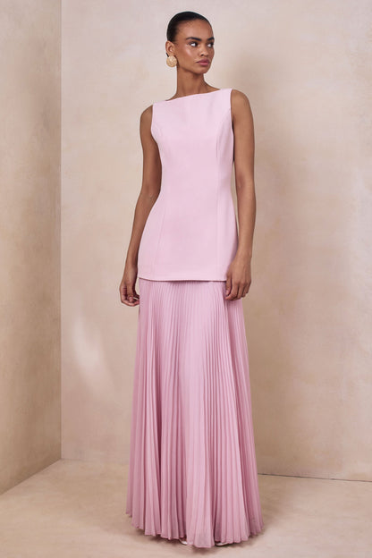 Pleated Crepe Pinafore Maxi Dress