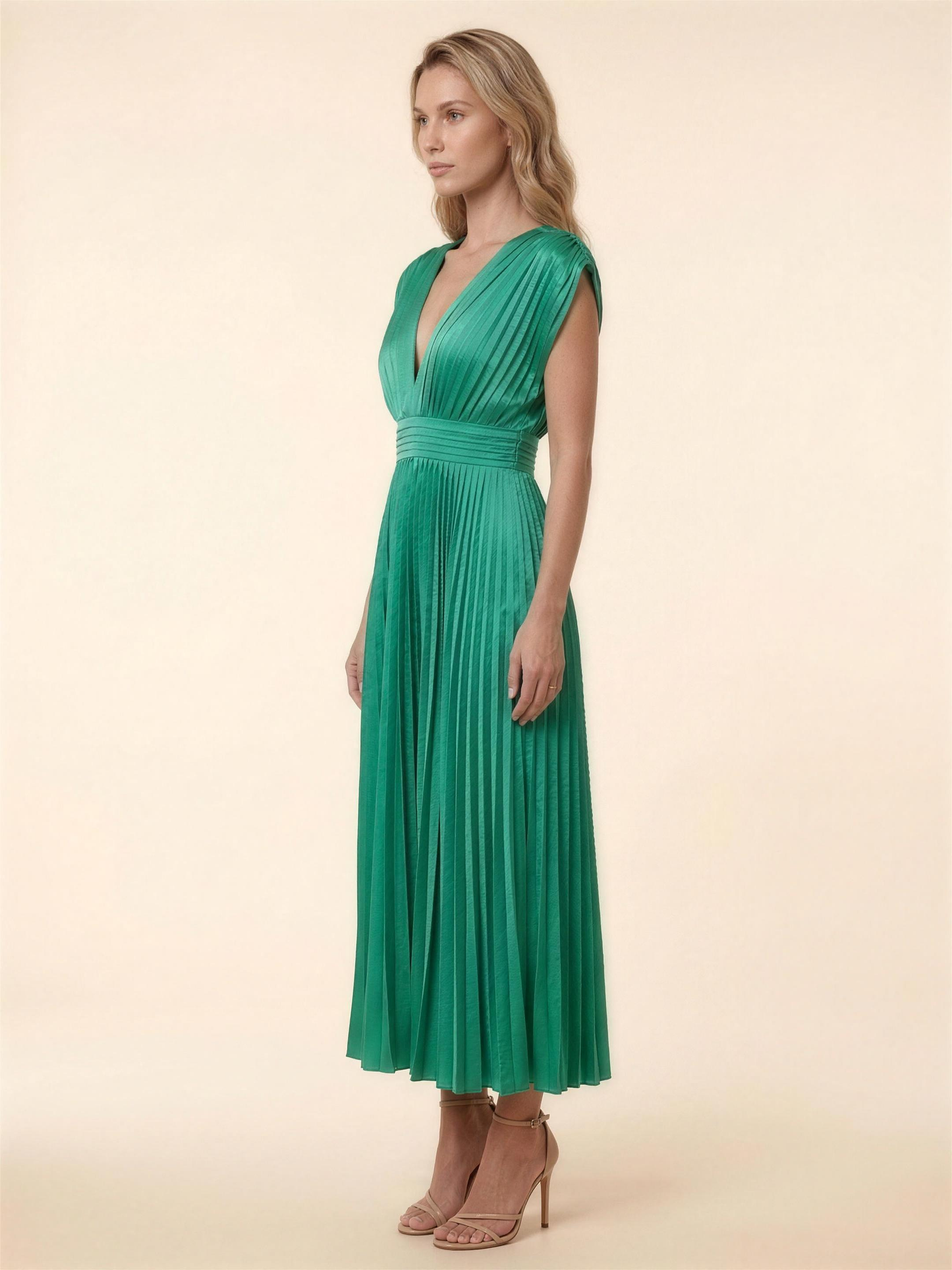 Pleated Satin Beach Midi Dress - Green
