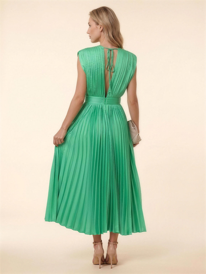Pleated Satin Beach Midi Dress - Green