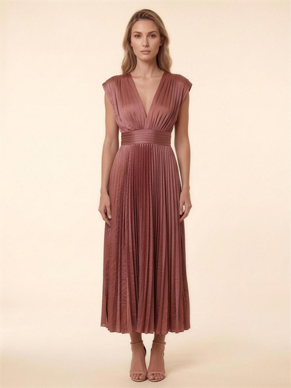 Pleated Satin Beach Midi Dress - Red