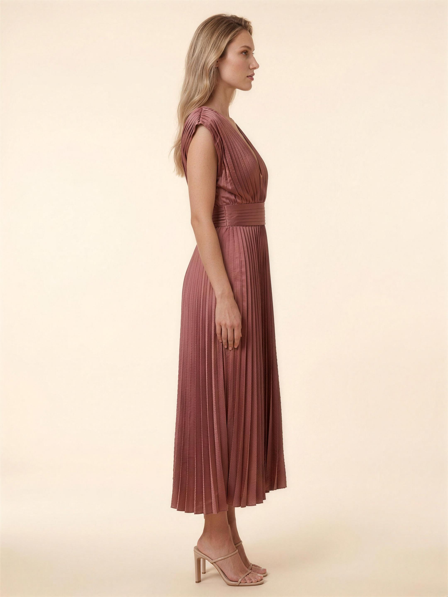 Pleated Satin Beach Midi Dress - Red
