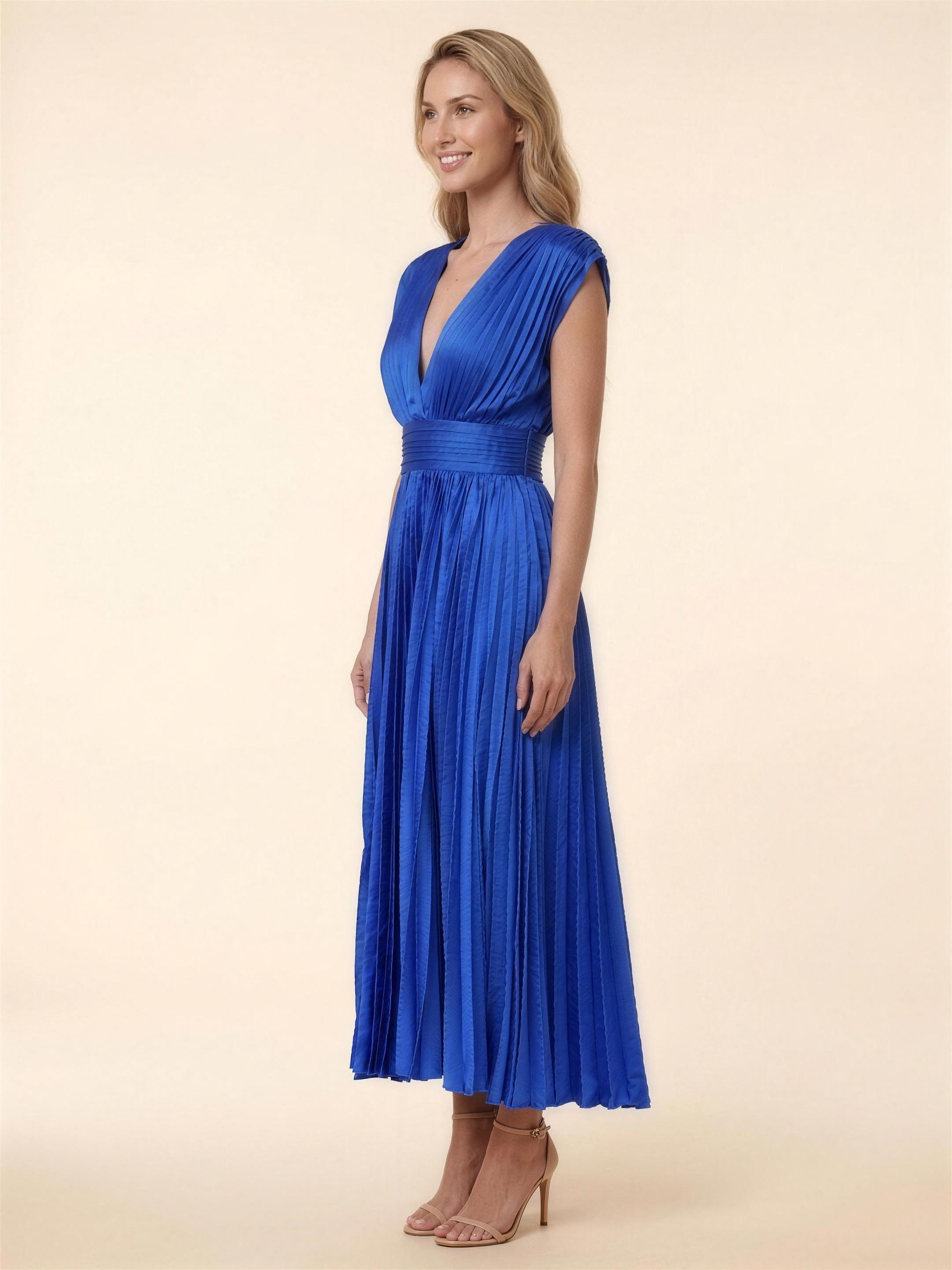 Pleated Satin Beach Midi Dress - Blue