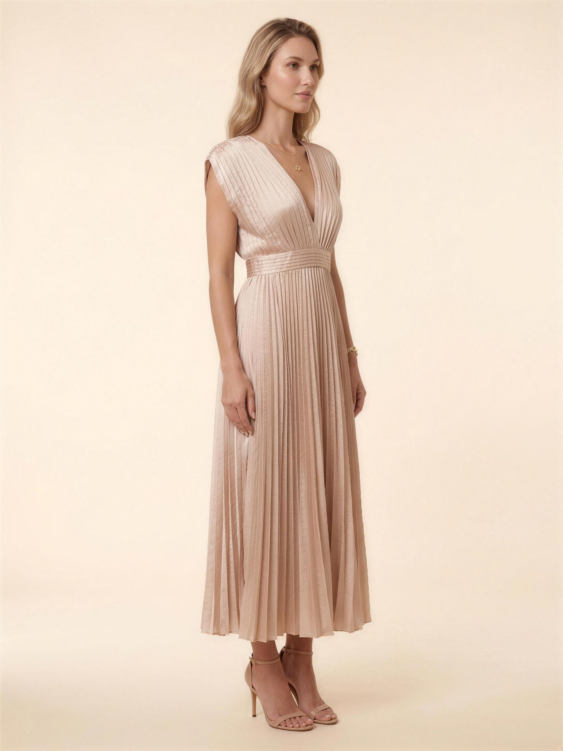 Pleated Satin Beach Midi Dress - Champagne