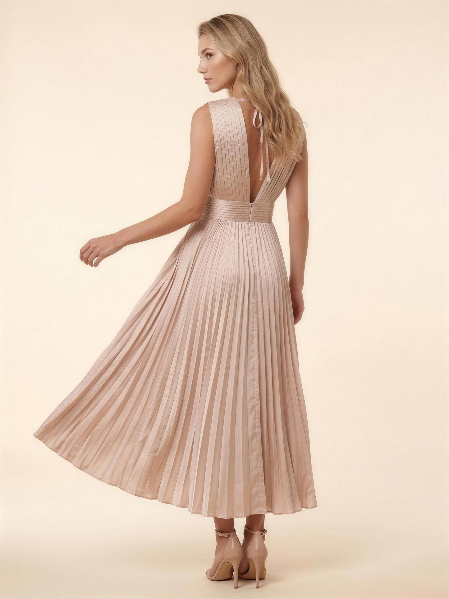Pleated Satin Beach Midi Dress - Champagne