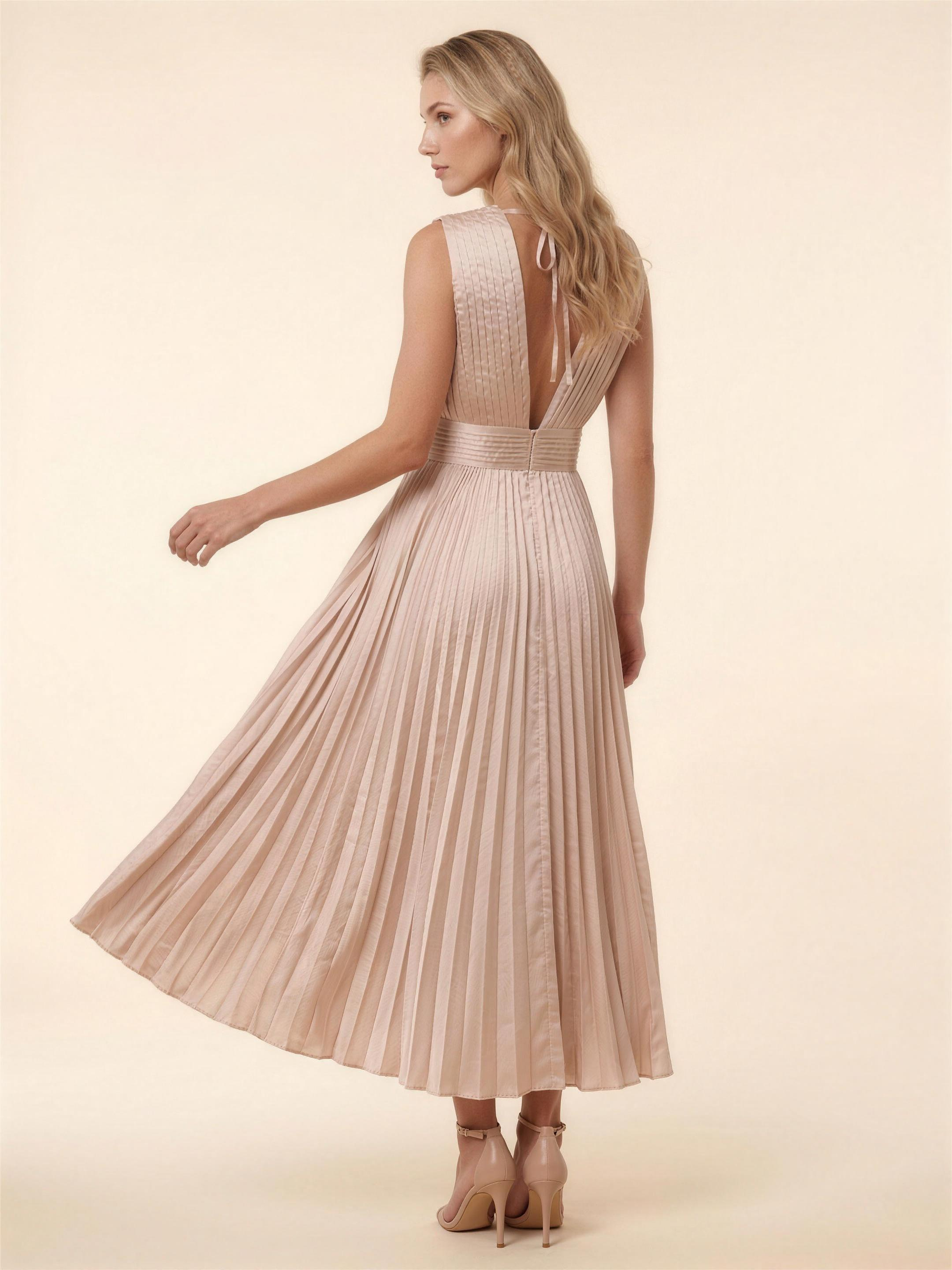 Pleated Satin Beach Midi Dress - Champagne