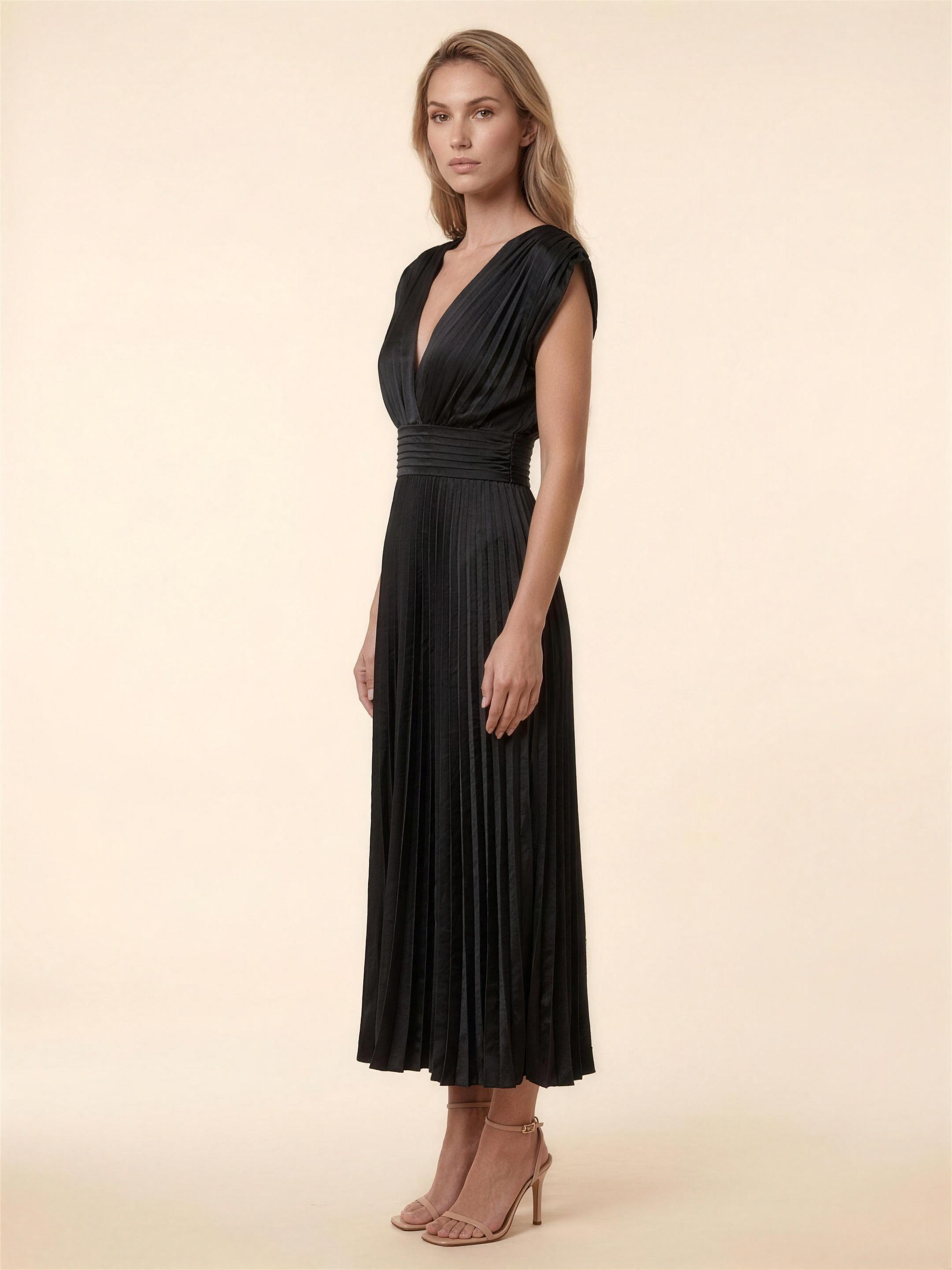 Pleated Satin Beach Midi Dress - Black