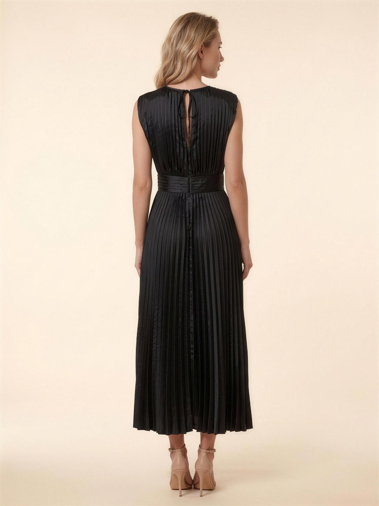 Pleated Satin Beach Midi Dress - Black