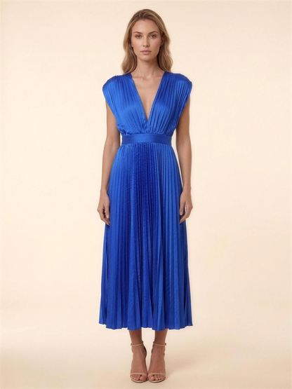 Pleated Satin Beach Midi Dress - Blue