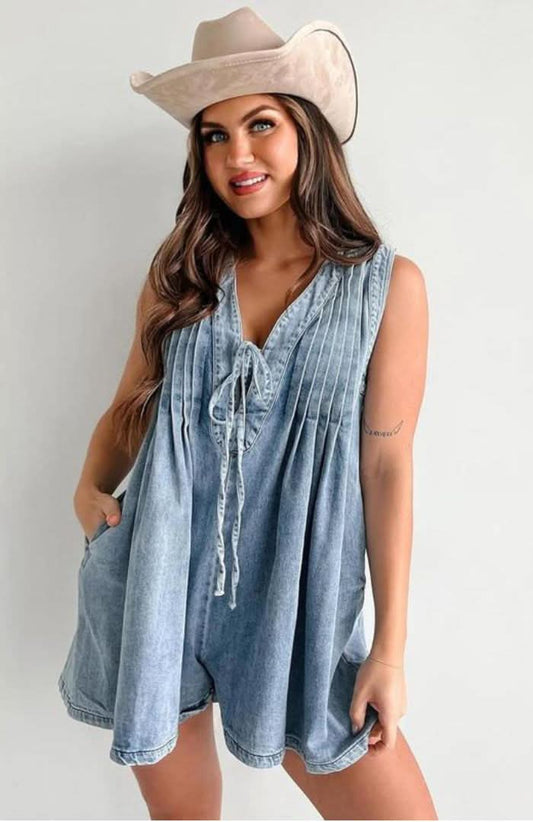 Women's Summer V Neck Sleeveless Denim Romper With Pockets - product image 1