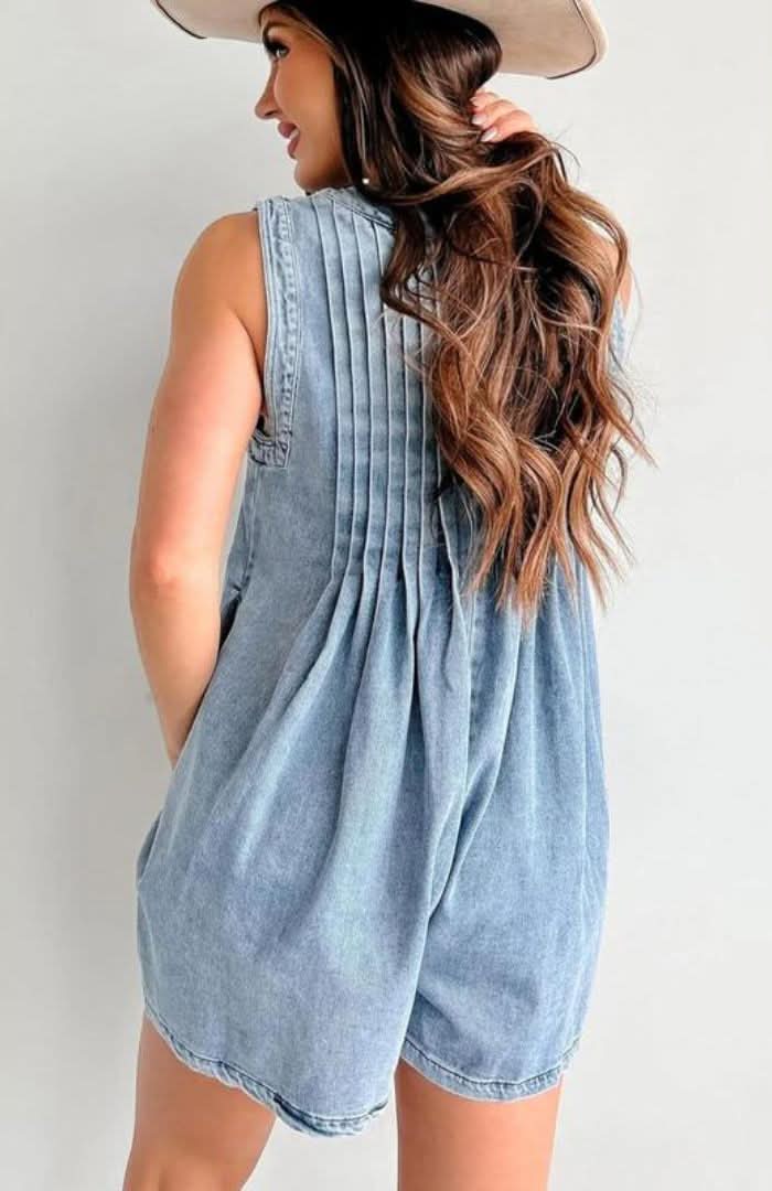 Women's Summer V Neck Sleeveless Denim Romper With Pockets - product image 6