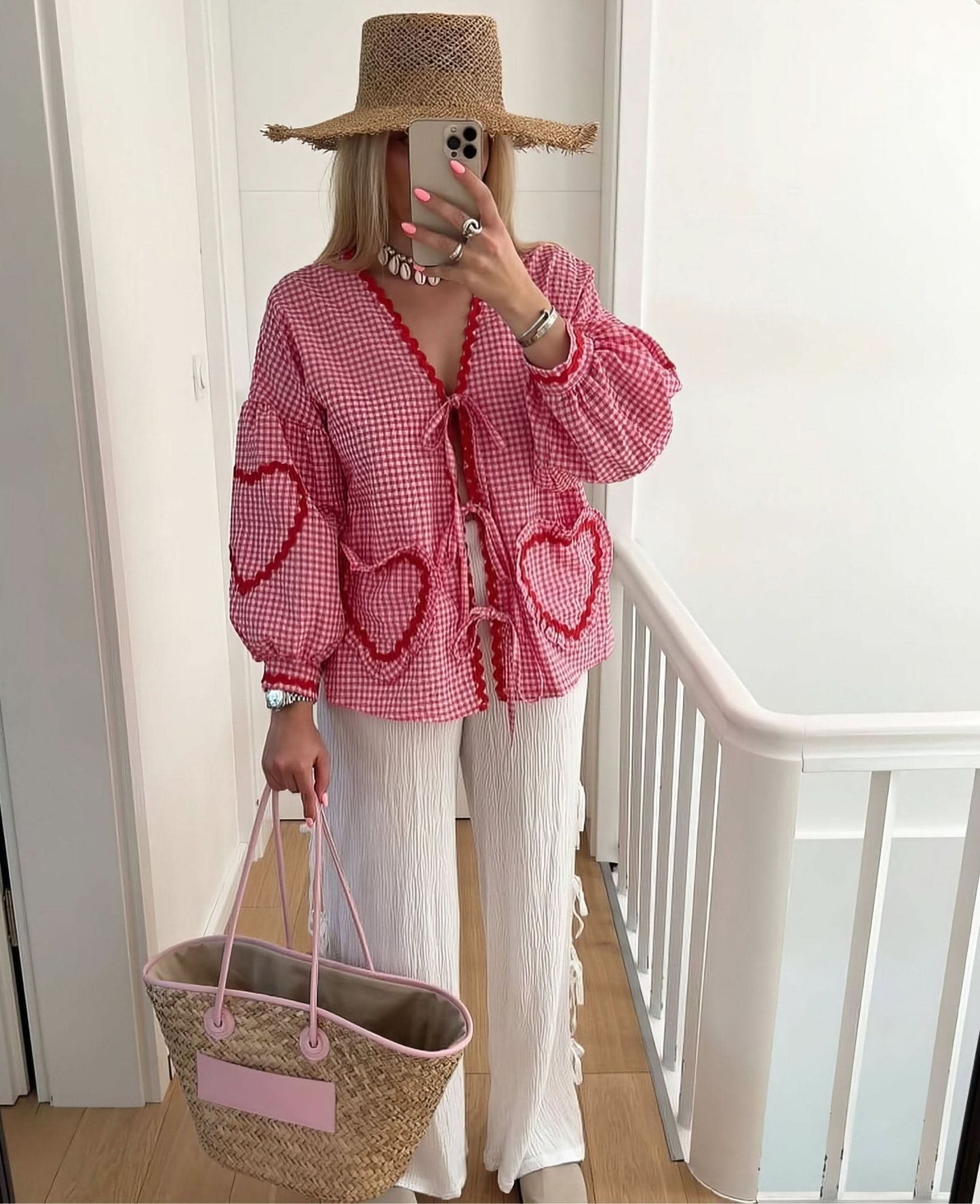 Women's Summer Gingham V Neck Tie Front Blouse - product image 4