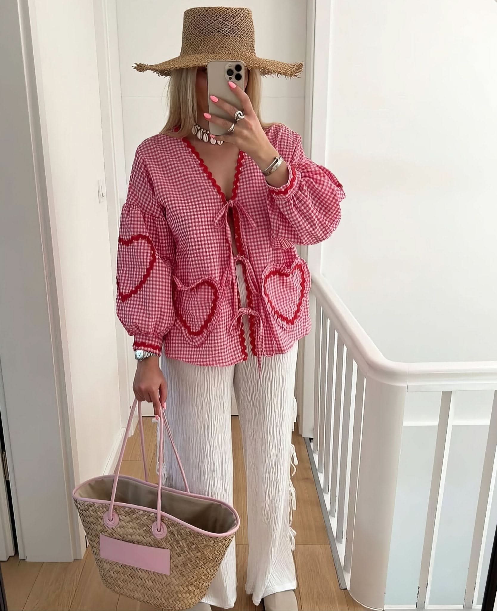 Women's Summer Gingham V Neck Tie Front Blouse - product image 4