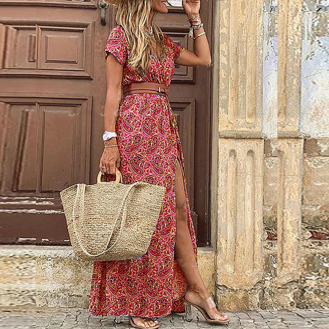 Women's Summer Boho V Neck Maxi Dress With Belt