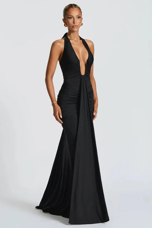 Women's Cocktail Halter Plunge Ruched Maxi Dress