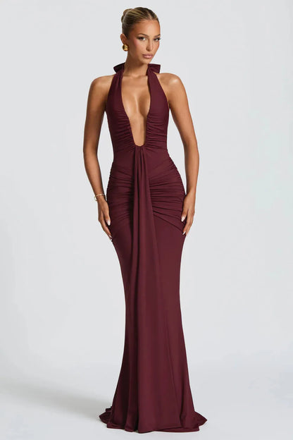 Women's Cocktail Halter Plunge Ruched Maxi Dress