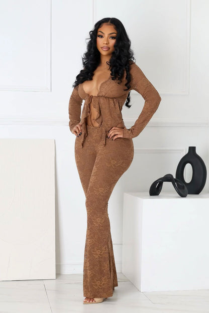 Red Lace Ruffle Two Piece Set - Brown