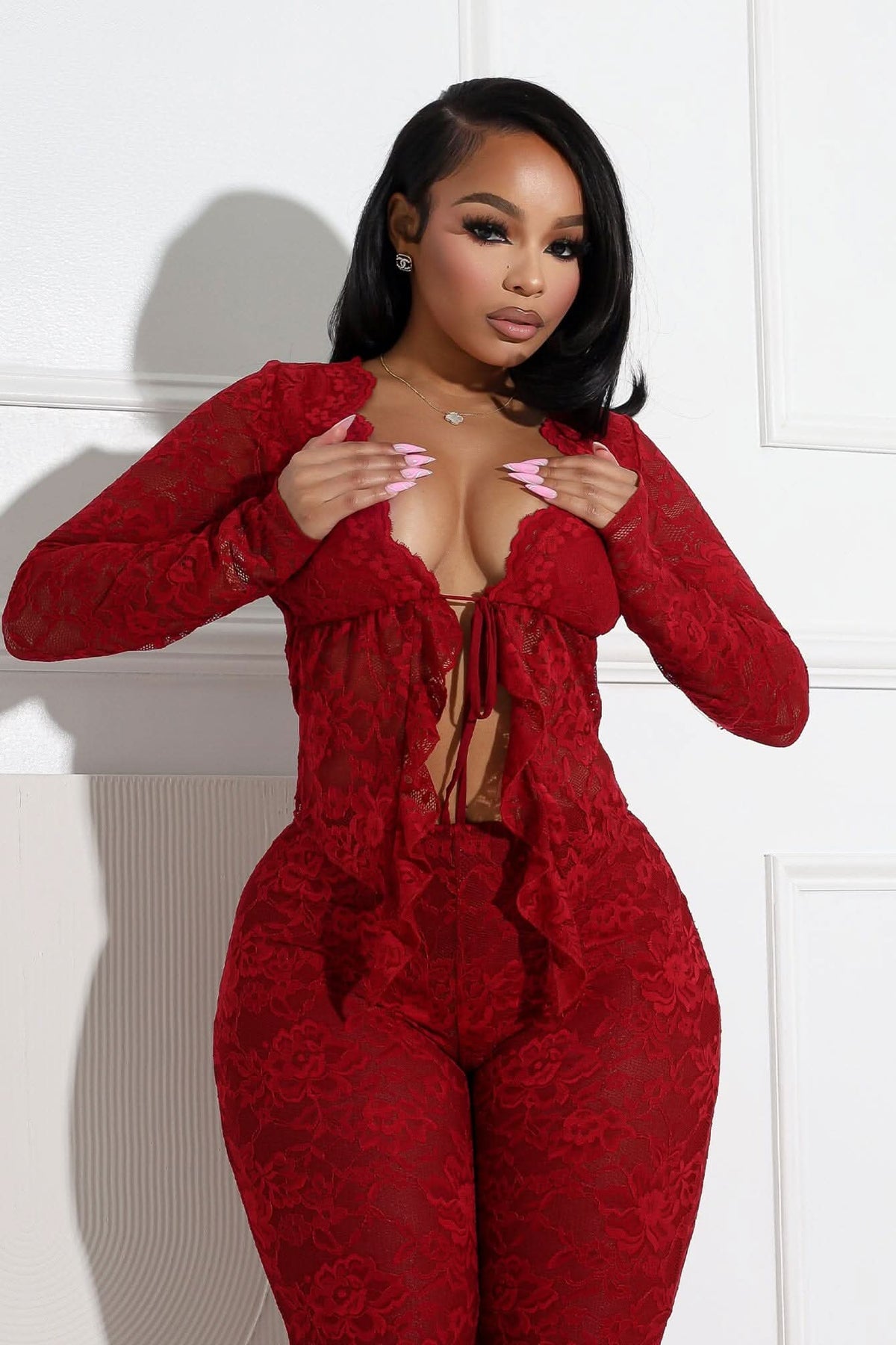 Red Lace Ruffle Two Piece Set
