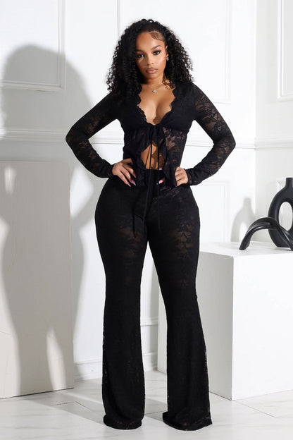 Red Lace Ruffle Two Piece Set - Black