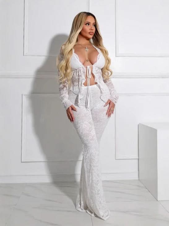 Red Lace Ruffle Two Piece Set - White