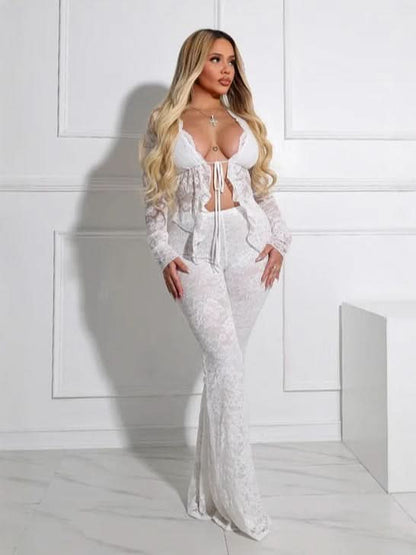 Red Lace Ruffle Two Piece Set - White