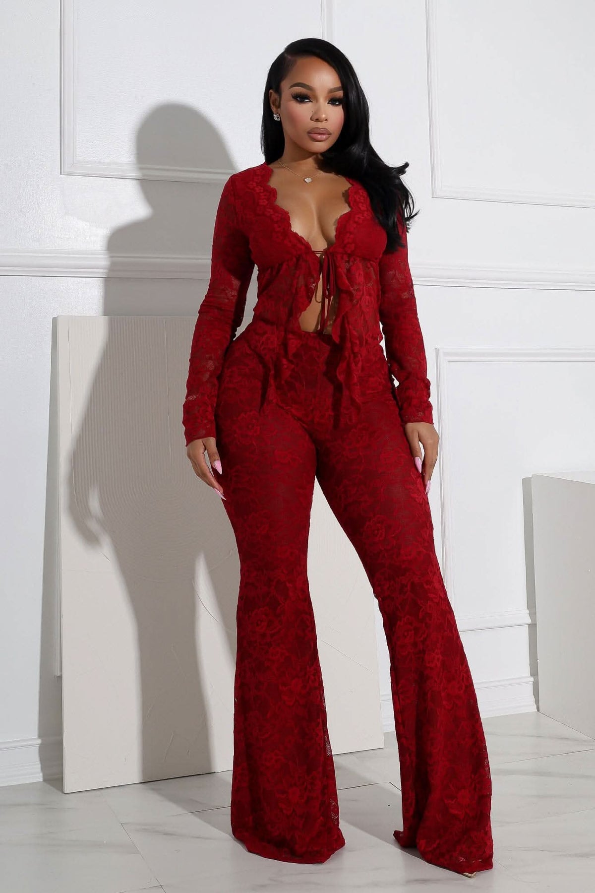 Red Lace Ruffle Two Piece Set