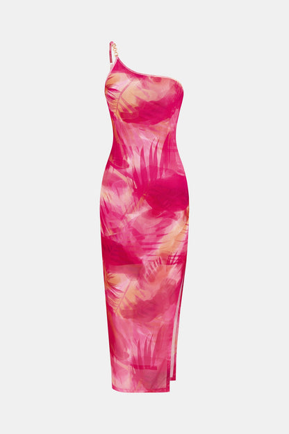 One Shoulder Pink Coral Print Maxi Dress