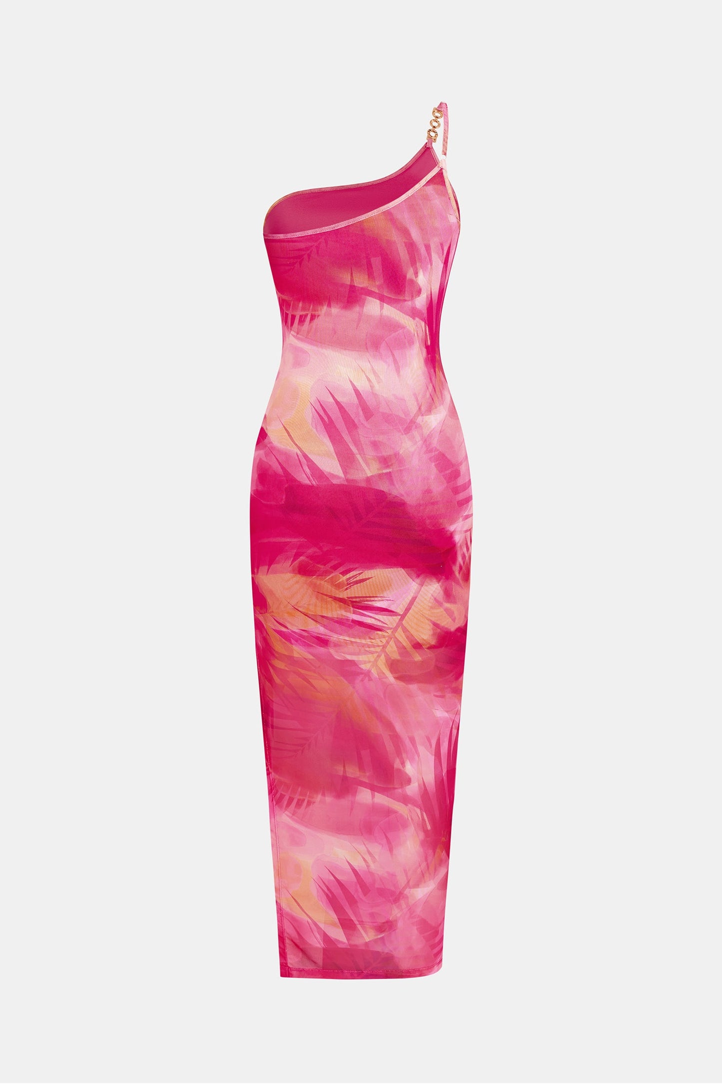 One Shoulder Pink Coral Print Maxi Dress