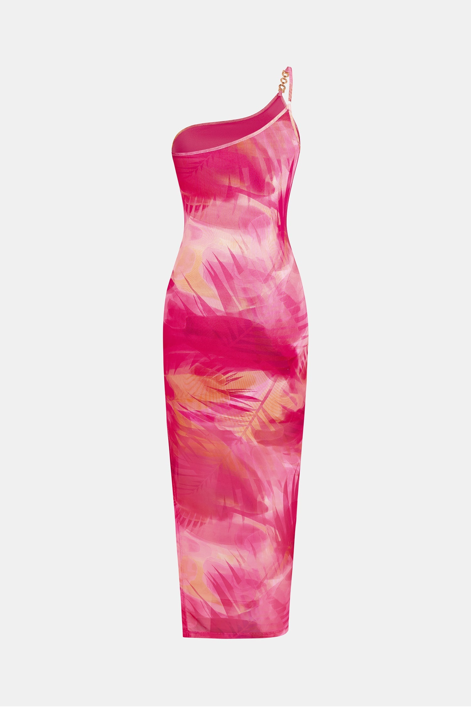 One Shoulder Pink Coral Print Maxi Dress