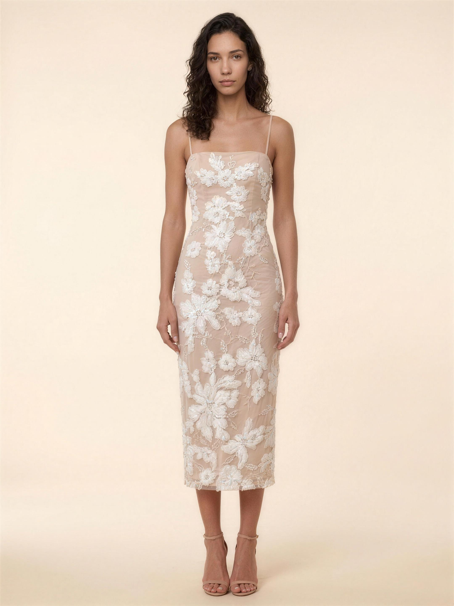 Slit Mesh Prom Midi Dress - Off White