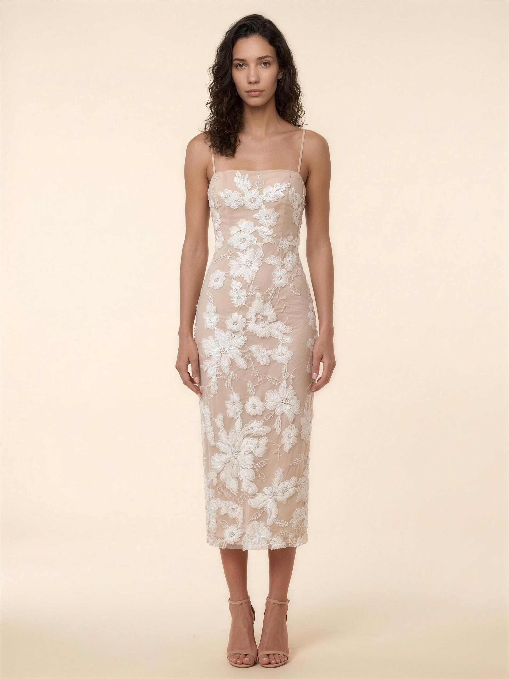 Slit Mesh Prom Midi Dress - Off White