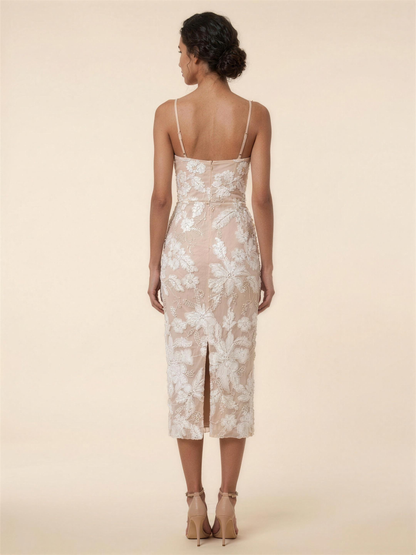 Slit Mesh Prom Midi Dress - White