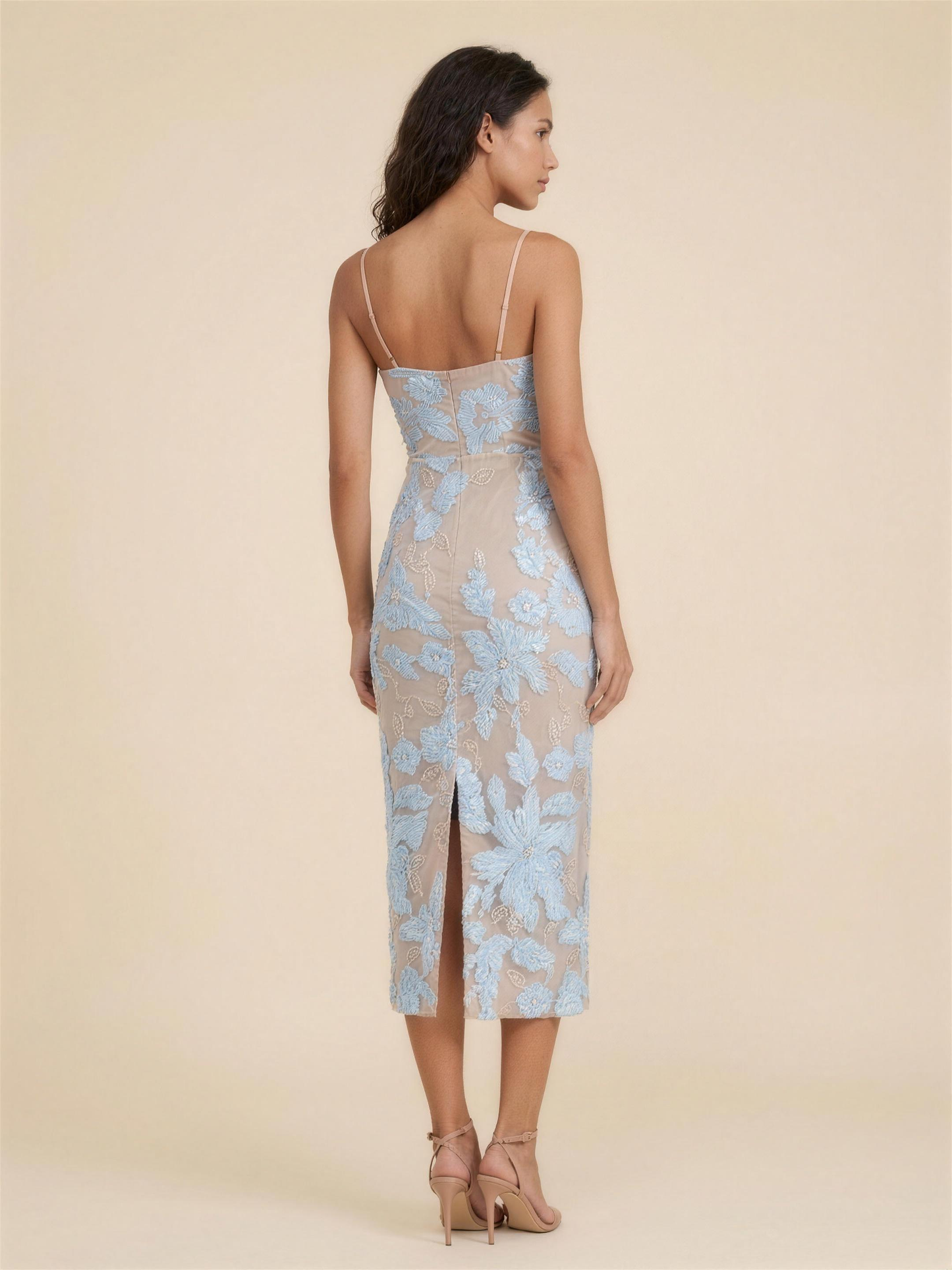 Slit Mesh Prom Midi Dress - Blue