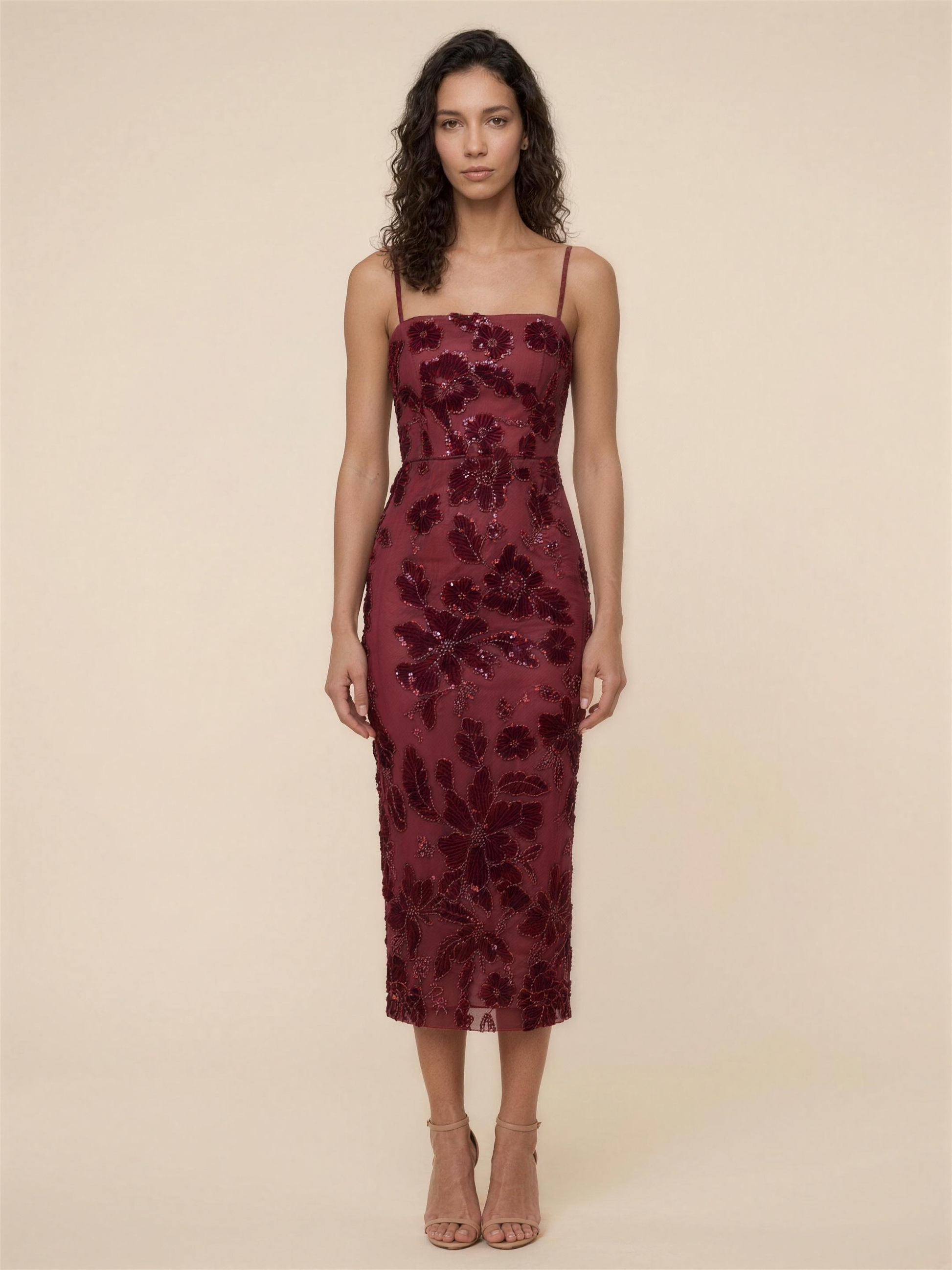 Slit Mesh Prom Midi Dress - Merlot