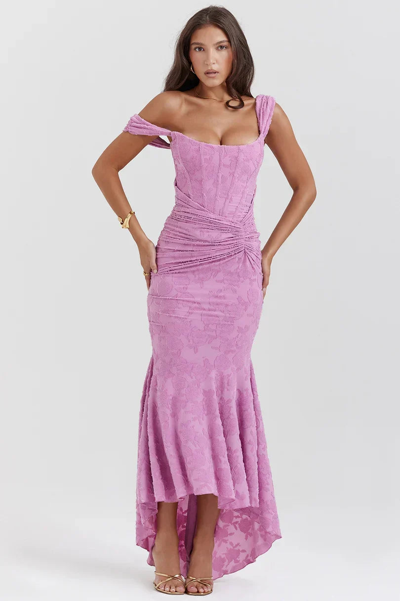 Square Neck Corset Prom Maxi Dress - Pink