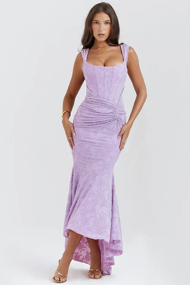 Square Neck Corset Prom Maxi Dress - Purple