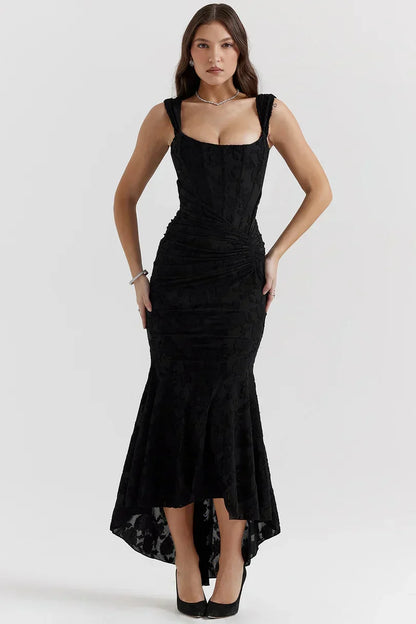 Square Neck Corset Prom Maxi Dress - Black