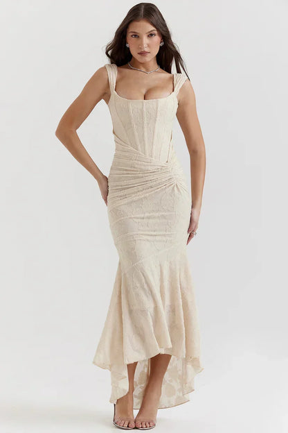 Square Neck Corset Prom Maxi Dress - Beige