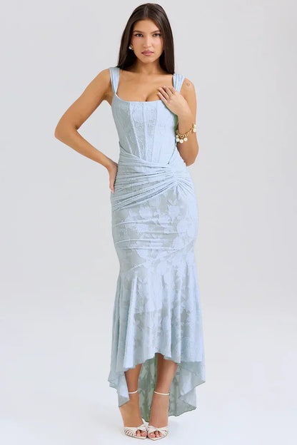 Square Neck Corset Prom Maxi Dress - Blue