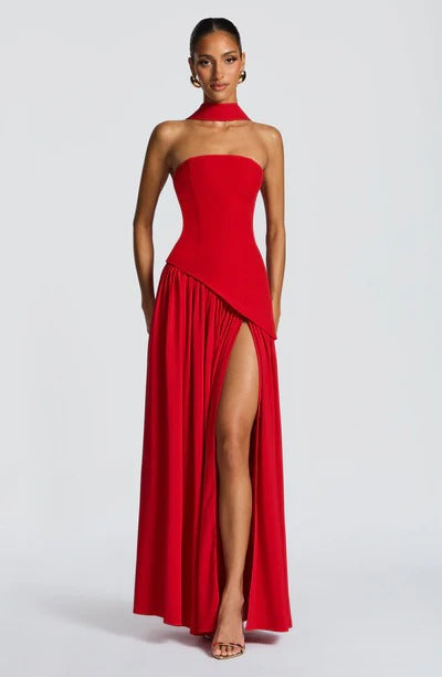 Strapless Choker Slit Maxi Dress - Red
