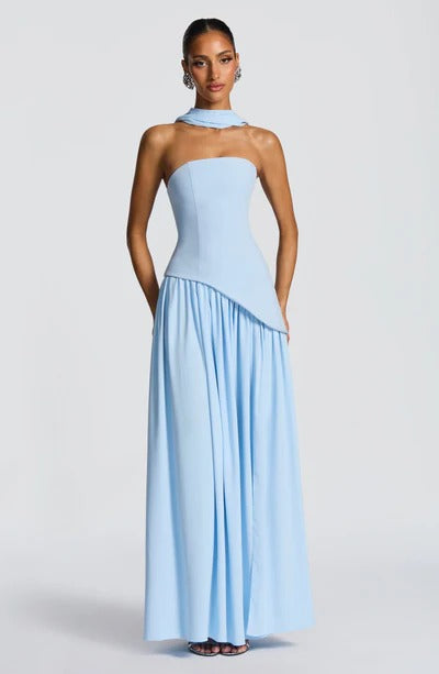 Strapless Choker Slit Maxi Dress - Blue