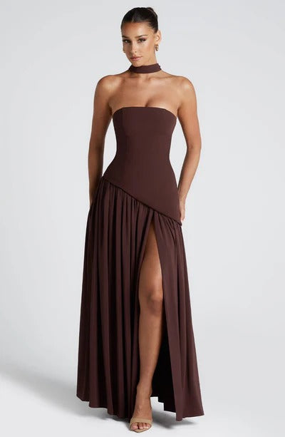 Strapless Choker Slit Maxi Dress - Brown