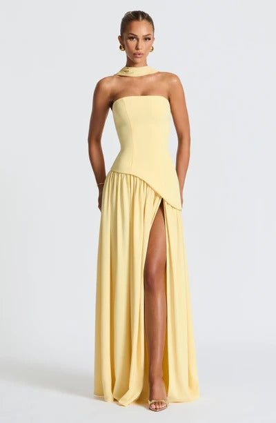 Strapless Choker Slit Maxi Dress - Yellow