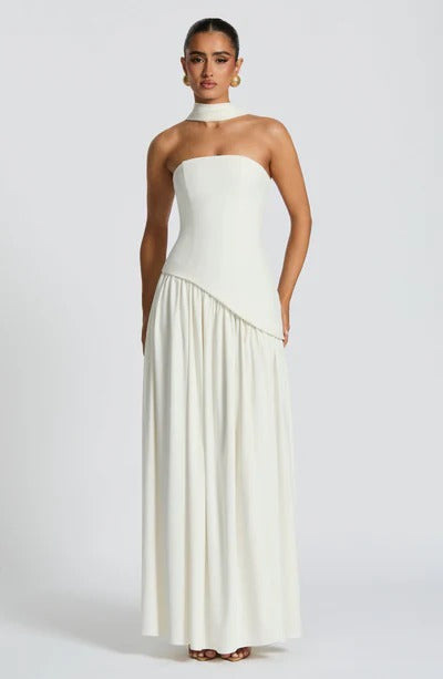 Strapless Choker Slit Maxi Dress - Off-White