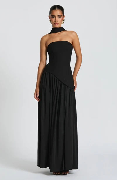Strapless Choker Slit Maxi Dress - Black