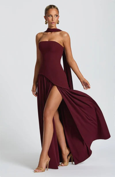 Strapless Choker Slit Maxi Dress - Wine Red