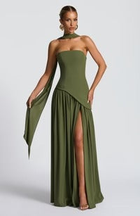Strapless Choker Slit Maxi Dress - Green