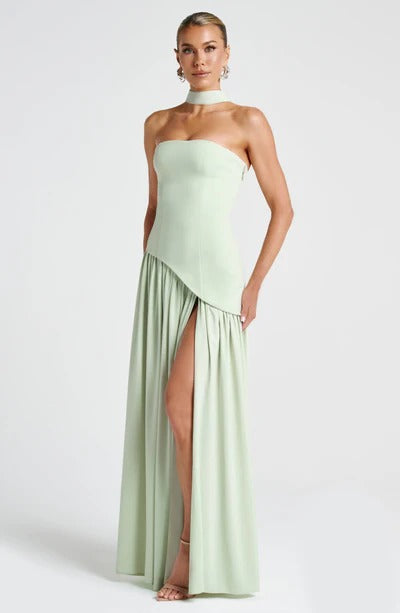 Strapless Choker Slit Maxi Dress - Mint
