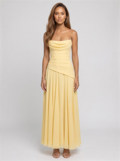 Strapless Corset Chiffon Cocktail Maxi Dress - Lemon