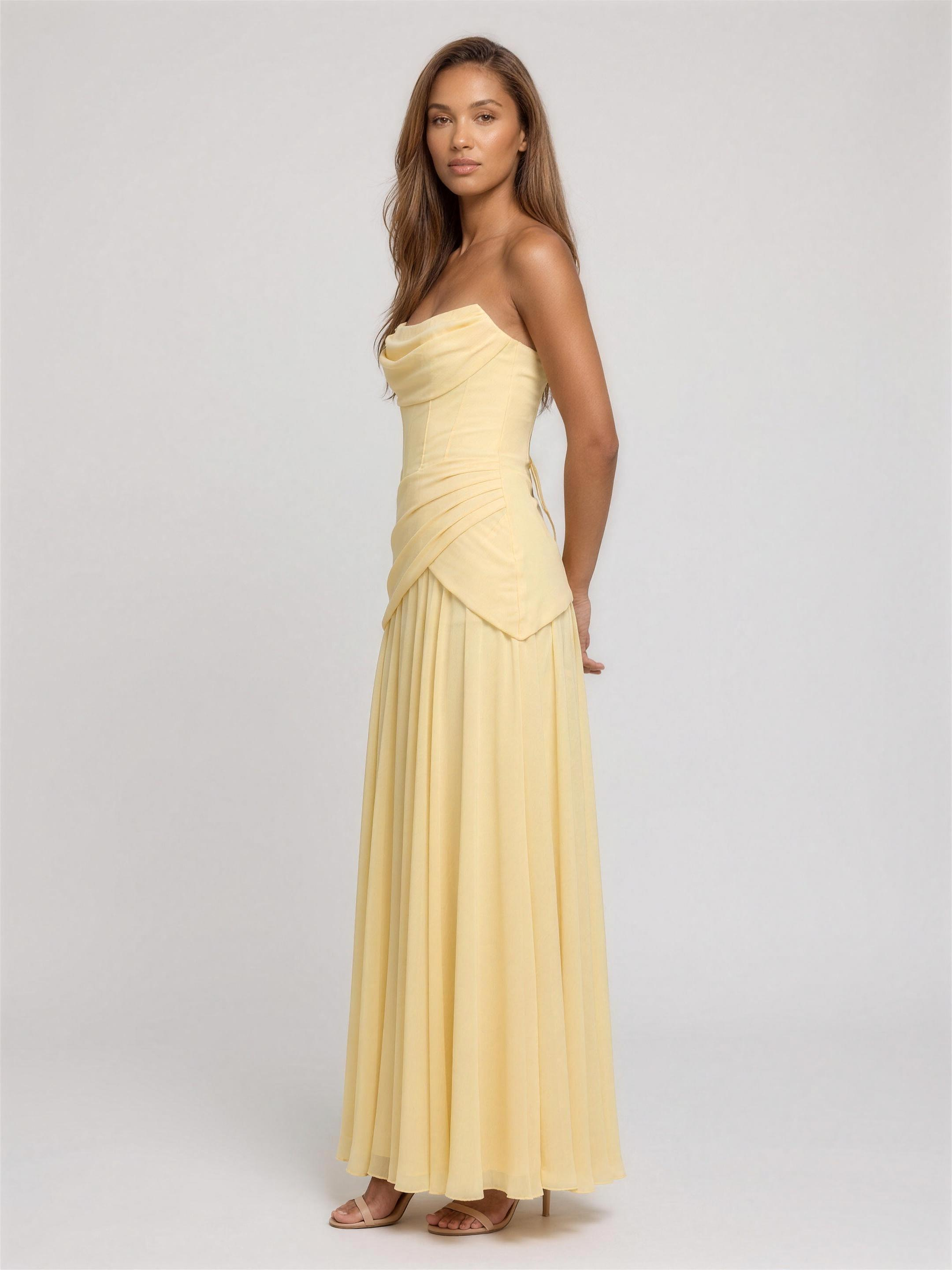Strapless Corset Chiffon Cocktail Maxi Dress - Lemon